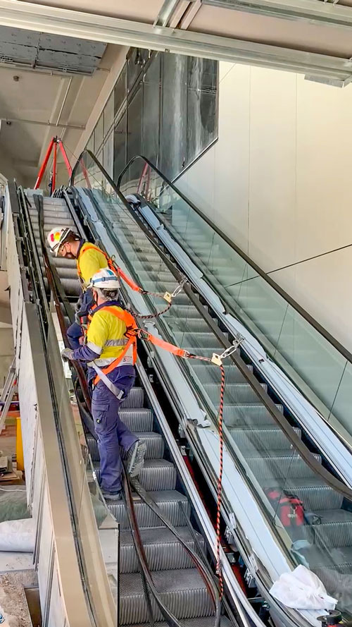 Two Men working on escalator attached to temporary fall restraint line
